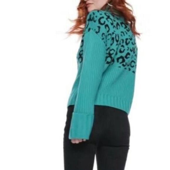 NWT Nine West M TurquoisBlackRibbed LeopardKnit Cropped Turtleneck Women Sweater - Picture 2 of 12